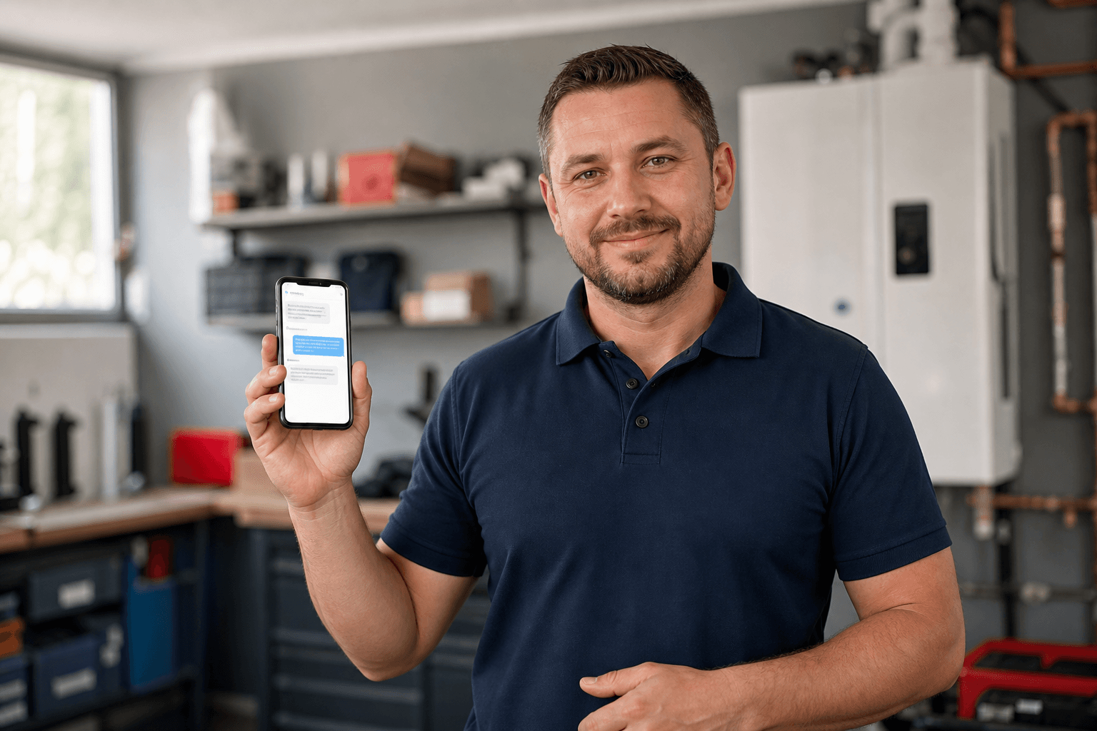 Właściciel firmy serwisowej korzysta z aplikacji SMS na telefonie